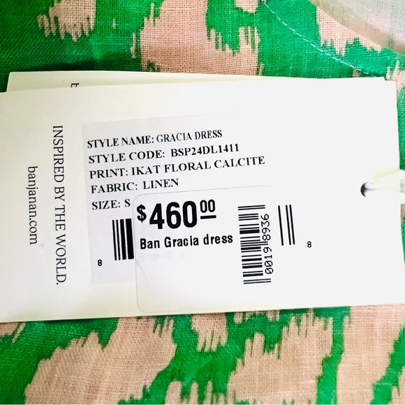 NWT Banjanan Gracia 100% Linen Dress In Calcite Green and Tan Ikat Size Small - Picture 7 of 9